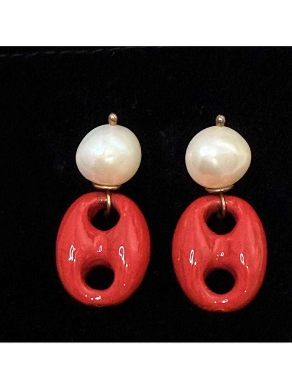 Grazia e Marica Vozza Capri Red Resin Pearl Drop Dangle Earrings Fine Italy